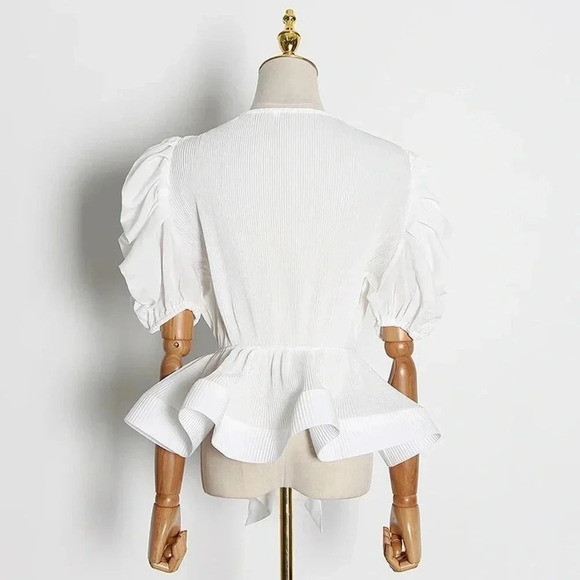 LUC-CE Womens Puff Half Sleeve Tunic Lace Up Bow Patchwork Ruffles Blouse - Picture 2 of 8